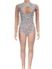 Stage Wear Nude Brillant Strass Cristal Manches Longues Combinaisons Sexy Pour Femmes Discothèque Bal Vêtements Chanteur Pôle Costumes