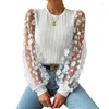 Women's Blouses Mesh Small Flower Chiffon Shirt 2024 Spring Summer Round Neck Slimming Pullover Long Sleeve Top