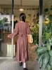 Casual Dresses Spring Women's Vintage Corduroy Long Floral Dress With Belt Slim Waist A-line Pullover Midi Sundress 2024