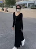 Casual Dresses Black Women Vestidos Slim Sexy Basic All-match U-neck Empire Ankle Length Long Sleeve Female Autumn Gentle Korean Style