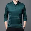 Spring Summer Tshirts for Men Long Sleeve Tees Turn-down Collar Polo Solid Striped Button Pockets Fashion European Clothing Tops 240111