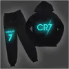 Conjuntos de roupas Cr7 Ronaldo Kids Hoodies Calças 2 Pçs / Set Tracksuit Crianças Unsex Casual Luminoso Moletom Com Capuz e Harém para 2-14Y Dh8Ek