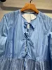 Damskie bluzki damskie bawełniany niebieski pasek bluzka 2024 Spring splated krawat koronkowy w górę damskie plisowane marszki koszulki pullover top