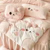 Pink Cute Cartoon Rabbit Applique Brodery Bedding Set Velvet Fleece Däcke Cover Bed Sheet Mittade kjolkuddar 240112