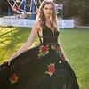 Classic Mexico Black Tulle A Line Wedding Dress With Embroidery Floral Lace Appliques V-Neck Sleeveless Long Gothic Bridal Gowns Beading Crystals Sash