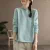 女性のTシャツインディーフォークビンテージ女性スタンドカラーTシャツ春秋の女性服