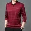Spring Summer Tshirts for Men Long Sleeve Tees Turn-down Collar Polo Solid Striped Button Pockets Fashion European Clothing Tops 240111