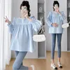 Süße Umstandsblusen Herbst Frühling Koreanische Mode Langarmshirts Kleidung für Schwangere Frauen Rüschen Schwangerschaft Lose Tops 240111