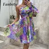 Vestidos casuales Sexy plisado fiesta floral impreso cuello diagonal vestido de un solo hombro 2024 mujeres moda delgado sin espalda midi