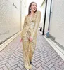 2-delige broekpak prom jurk pailletten blazer jasje dame optocht formele avond bruids speciale gelegenheid gala rode loper landingsbaan hoge taille broek jumpsuit romper goud