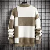 Marque vêtements chaud automne hiver pulls hommes décontracté Patchwork couleur tricoté pulls mâle Plaid col rond pull homme 4XL-M 240112