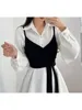 Work Dresses Women Autumn Dress Sets Korean Version Style Lapel Irregular Shirt Waist Wrapped Chest Strap Vest Set D5526