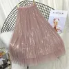 TIGENA Fashion Sequined Long Tulle Skirt Women Aesthetic Korean Casual A Line Elastic High Waist Midi Mesh Skirt Female Pink 240111