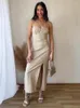Casual Dresses Summer Dress Women 2024 Gathered Sweetheart Neck Front Slit Faux Linen Spaghetti Strap Tie Back Sexy Party Midi