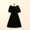 2024 Spring Black Contrast Color Ribbon Tie Bowknot Dress Short Sleeve Lapel Neck Sequins Knee-Length Casual Dresses A4J09