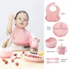 Kindergeschirr-Set, Baby-Silikon, 6-teilig, Geschirr, Saugnäpfe, Gabeln, Löffel, Lätzchen, Strohhalme, Mutter und Zubehör 240111