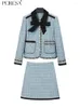 Work Dresses PEIRESA 2024 Autumn Winter In Tweed Skirt 2 Piece Sets Women Outfit Color Block Bow Lapel Short Jacket Coat Mini