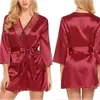 Mulheres sleepwear 1 pc mulheres sexy vestido de noite cetim vestido de renda roupão de noite íntima com cinto senhoras erótica meia manga mini robe