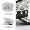 Lady Wedding Bride Sequin Shinny Military Hat PU Leather Captain Cap Party Carnival Flat Performance 240111