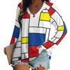 T-shirts pour femmes Rétro Mondrian T-shirts à carreaux Art moderne Y2K T-shirt Femme à manches longues T-shirt en vrac surdimensionné col en V Design Top Tees
