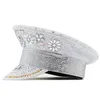 Lady Wedding Bride Sequin Shinny Military Hat PU Leather Captain Cap Party Carnival Flat Performance 240111