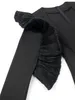 Schwarzes, langes, figurbetontes Kleid für Damen, elegantes Rüschenbesatz, herzförmiger Kragen, lange Ärmel, Slim-Fit-Kleider, stilvolle Party- und Event-Kleider 240111