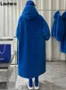 Lautaro Winter Langer, übergroßer, warmer, dicker, blau-weißer, flauschiger Kunstpelzmantel für Damen mit Kapuze, lockerer, lässiger koreanischer Stil, Mode 240111