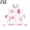 ZALE Autumn Hooded Baseball Jacket Spider Web Embroidery Graphic Varsity Jacket Leather Jacket Baseball Coat Streetwear 240112