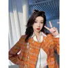 Koreaanse eenvoudige lente- en herfstmode retro mooie oranje ronde hals losse korte jas vrouwelijke pure wilde tweed 240112