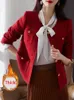 Zoki Elegante giacca in tweed rosso natalizio da donna inverno spesso caldo cappotto dolce francese vintage manica lunga design femminile casual top 240112