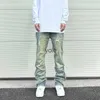 Herr jeans streetwear mens blå tvättade jean avslappnad fit sido blixtlås bule avsmalnande jeans byxor oroliga rivna denim byxor för manlig vintageyolq