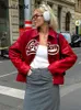 Rode Letter Gedrukt Leren Jas Damesmode Revers Lange mouwen Rits Jas Lente Vrouwelijke Chic Casual Hoge Streetwear 240111