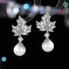 Dangle Oorbellen Glanzend Kristal Zirconia Parel Bruids Bruiloft Vrouwen Sieraden Accessoires LYH069