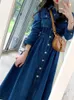 Dress Women Spring Autumn Korean Fashion Vintage Pockets Denim Aline Long Sleeve Top Single Breasted Lady Clothing 240111