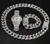 Homens hip hop iced out tênis corrente colar pulseira relógio de pulso conjunto luxo aço inoxidável masculino link cubano jóias 20207135254