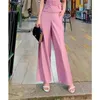 Bältdekorativ kort ärmjacka Blazer Casual Wide Leg Pants Two Piece Elegant Women's Suit Office Outfits Pink Set 240112