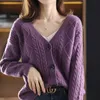 Vinter 100%Pure Cashmere Cardigan Womens Plus Size Sweater Vneck Twist Coat Wool Knit tjock varm skjorta kvinnlig jacka 240112
