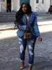 بدلات نسائية Idress Slim-Fit Fort DeniM Blazer Flap Mobicets Jeans Juzers Blazers Collared Long Sleeve Button Jean Jean