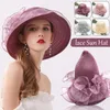 Vrouwen Bloem Organza Zon Hoeden Zomer Bruiloft Hoofddeksels Vrouwelijke Elegante Bloemen UV Brede Rand Kerk Zee Strand Caps 240111