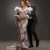Vestido de noiva luxuoso de sereia para noiva champanhe escuro plus size decote transparente mangas compridas rendas pérolas vestidos de noiva para casamento africano mulheres negras menina nigeriana CDW196