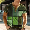 Erkek Tişörtleri 3D Baskı Patchwork Renk Bloğu Vintage Henley Moda Büyük Boy Button-Up Kısa Kollu T-Shirts Üst Kıyafetler