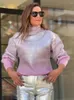 Women's Sweaters Sparkling Metal Gradient Color Knit Sweater Women Fashion High Collar Long Sleeves Pullover Tops Elegant Female Streetwear