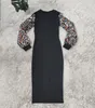 Sequins Puff Sleeve Bodycon Dresses Women Casual Crew Neck Slim Mid Pencil Dress Free Ship