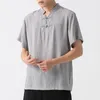 Mäns casual skjortor kinesiska groda vår sommar mode japan stil stativ krage fast färg smal passform kort ärm pullover toppar