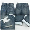 Mäns jeans high street tvättade blå avsmalnande jean perforerad cashew blommor siden lapp casual små foten män kvinnor jeans byxor avslappnad fityolq