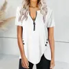 Blusas femininas poliéster elegante verão mulheres top camiseta amigável à pele zíper v-pescoço para