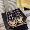 top quality Rhinestone letter buckle Flat slide flip-flops ladie Patchwork fabric straw Platform sandals Luxury designer slippers for women Holiday beach shoes