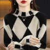 Pullover color contrast diamond check sweater women half high neck sweater loose sweater knitting pullover female top 240112