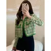 Coreano tweed jaqueta vintage verde outerwear primavera outono feminino casaco cortado manga longa botão turndown colarinho terno 240112