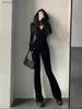 TVVOVVIN mode noir velours mince à capuche fermeture éclair à manches longues Flare pantalon combinaison barboteuses coréen Sexy hauts chauds 2023 9P64L240111